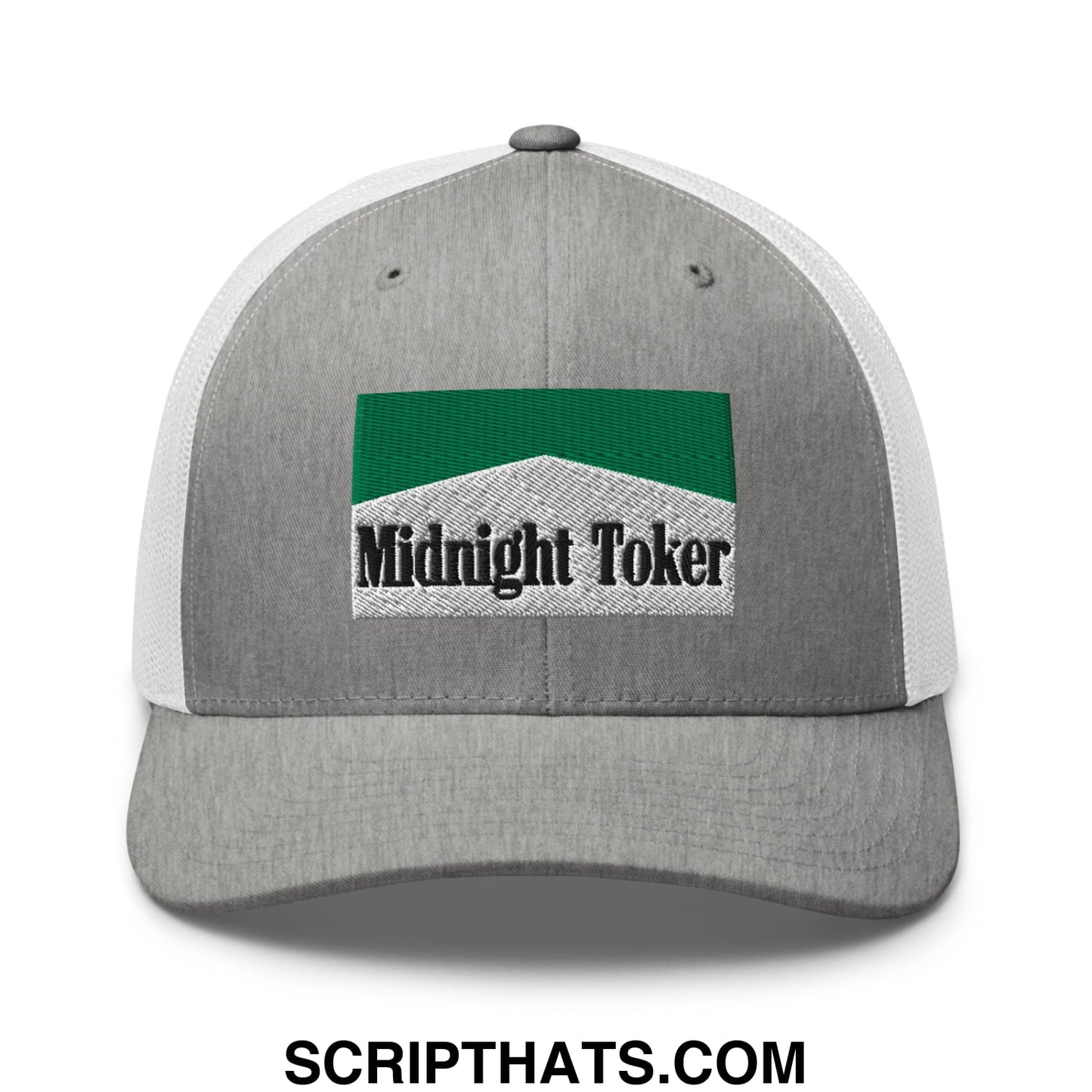 Midnight Toker Cigarette Menthol Green Embroidered Mesh Trucker Hat Heather Grey White