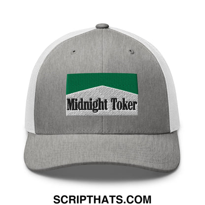 Midnight Toker Cigarette Menthol Green Embroidered Mesh Trucker Hat Heather Grey White