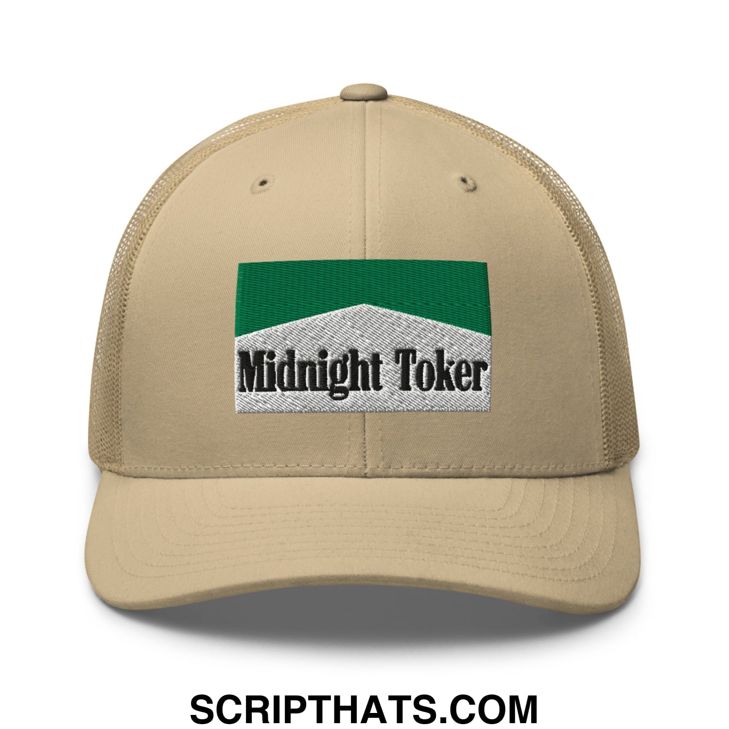 Midnight Toker Cigarette Menthol Green Embroidered Mesh Trucker Hat Khaki