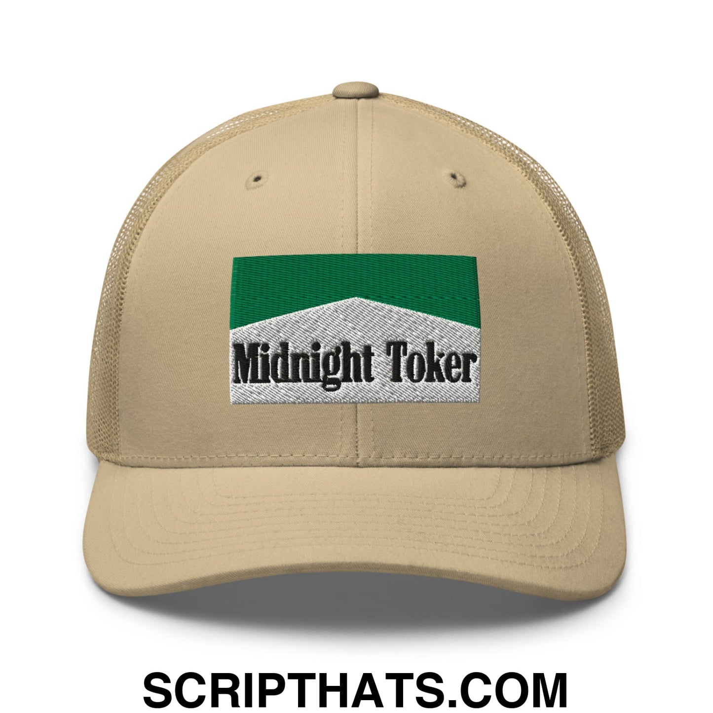 Midnight Toker Cigarette Menthol Green Embroidered Mesh Trucker Hat Khaki
