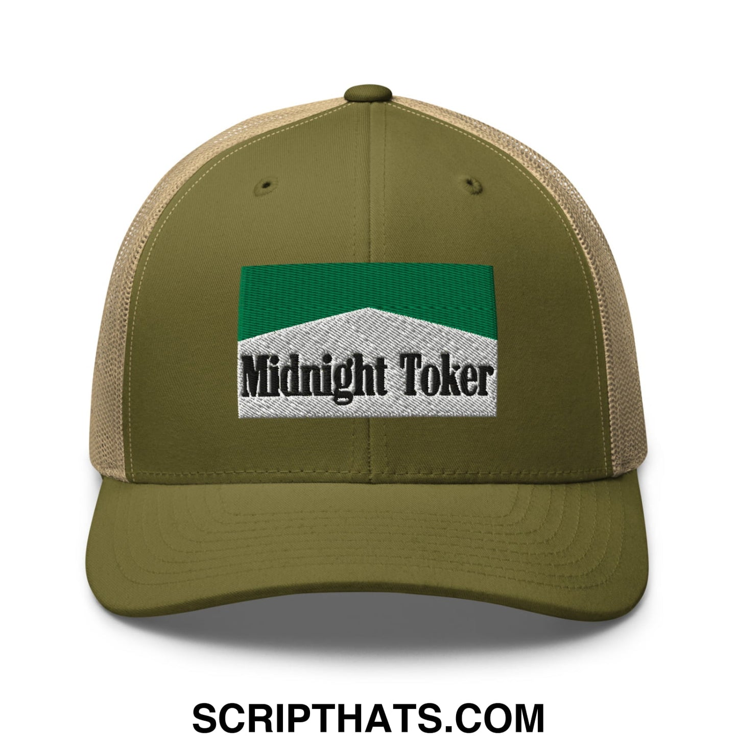Midnight Toker Cigarette Menthol Green Embroidered Mesh Trucker Hat Moss Khaki
