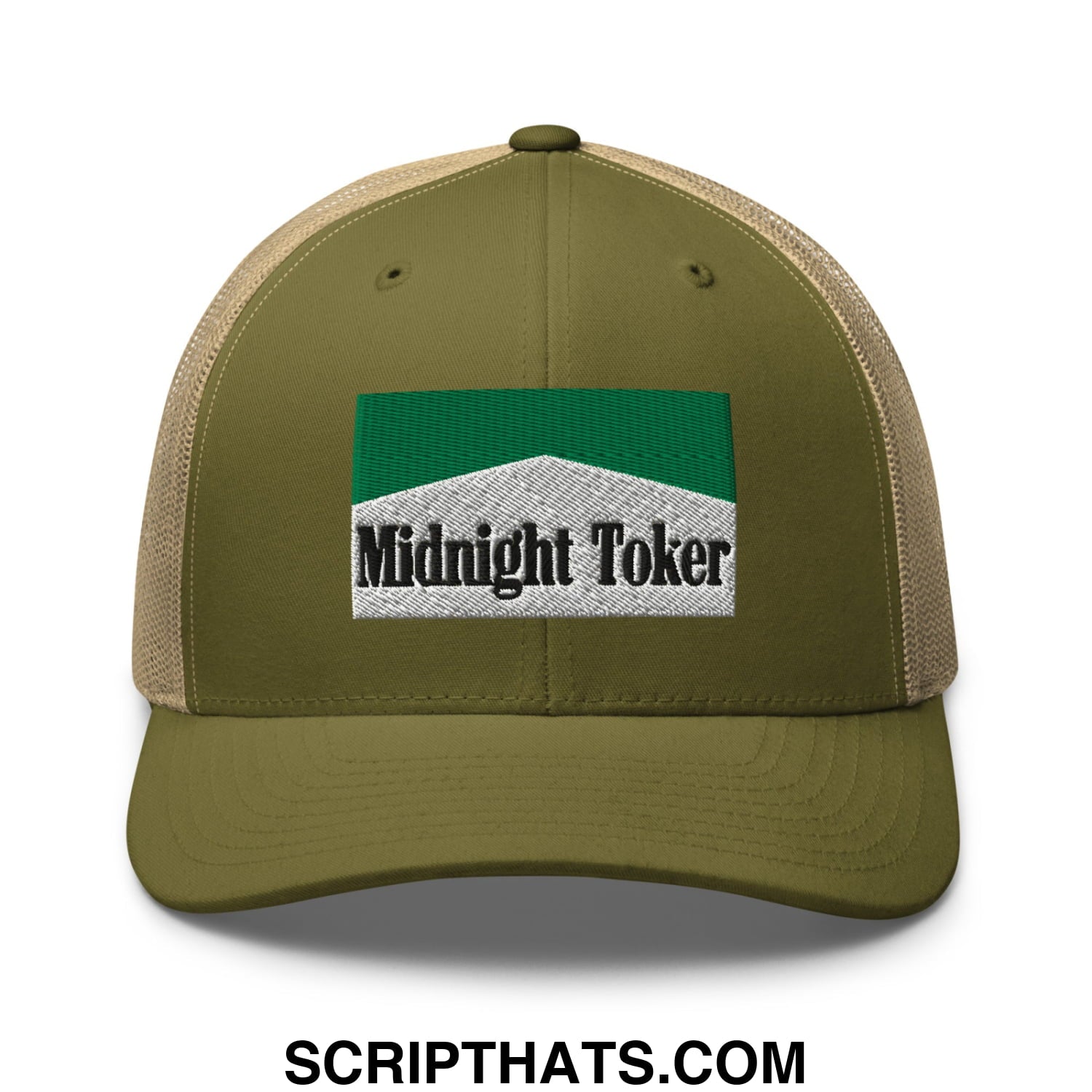 Midnight Toker Cigarette Menthol Green Embroidered Mesh Trucker Hat Moss Khaki