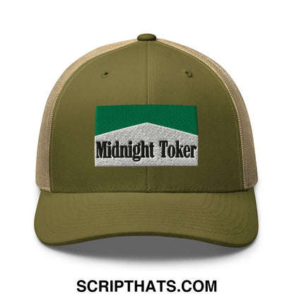 Midnight Toker Cigarette Menthol Green Embroidered Mesh Trucker Hat Moss Khaki