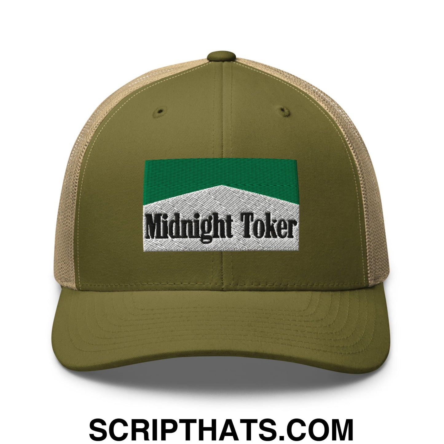 Midnight Toker Cigarette Menthol Green Embroidered Mesh Trucker Hat Moss Khaki