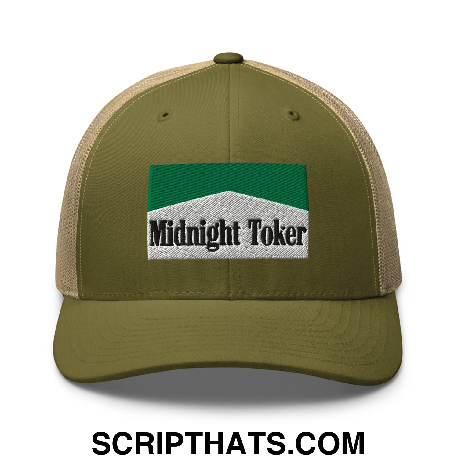 Midnight Toker Cigarette Menthol Green Embroidered Mesh Trucker Hat Moss Khaki