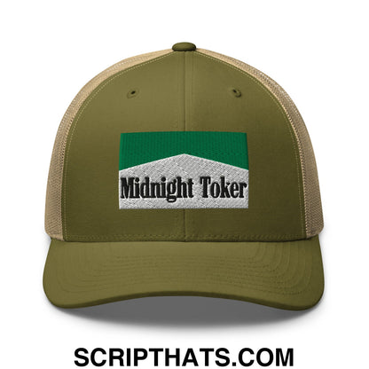 Midnight Toker Cigarette Menthol Green Embroidered Mesh Trucker Hat Moss Khaki