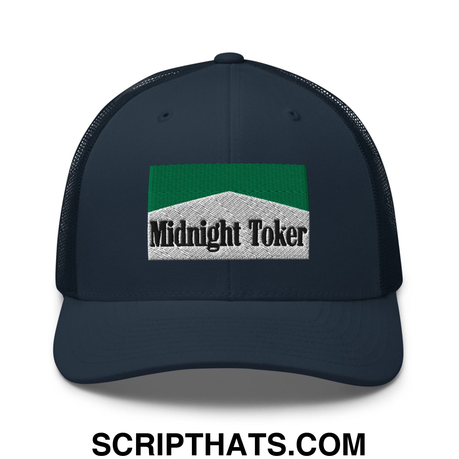 Midnight Toker Cigarette Menthol Green Embroidered Mesh Trucker Hat Navy