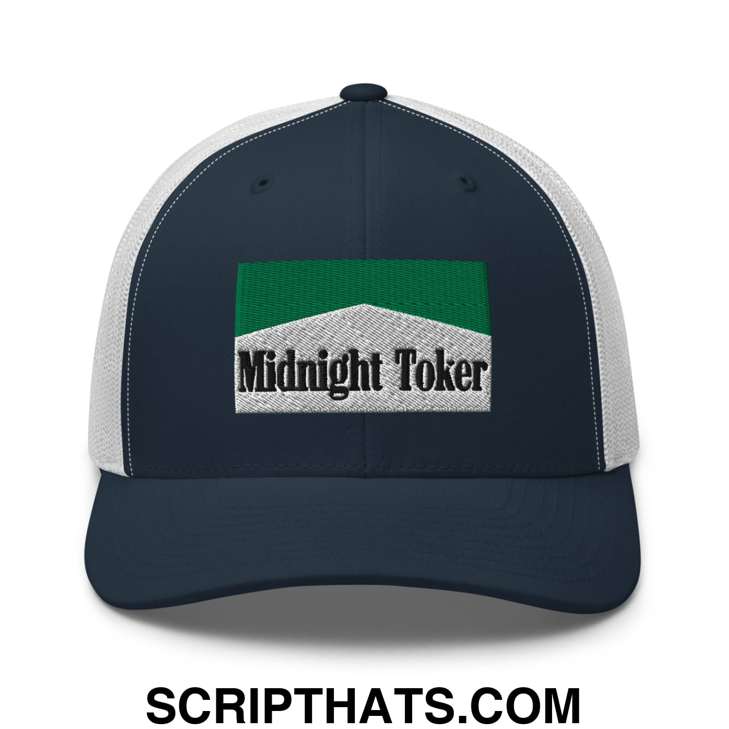 Midnight Toker Cigarette Menthol Green Embroidered Mesh Trucker Hat Navy White