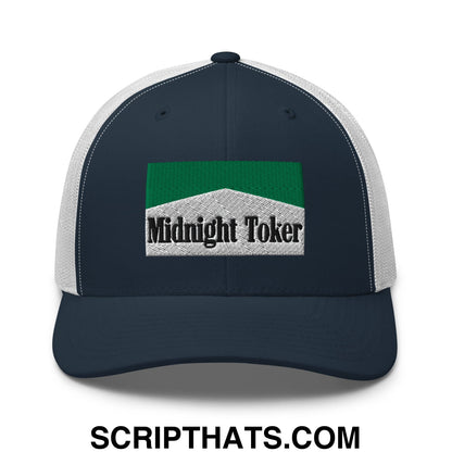 Midnight Toker Cigarette Menthol Green Embroidered Mesh Trucker Hat Navy White