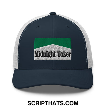 Midnight Toker Cigarette Menthol Green Embroidered Mesh Trucker Hat Navy White