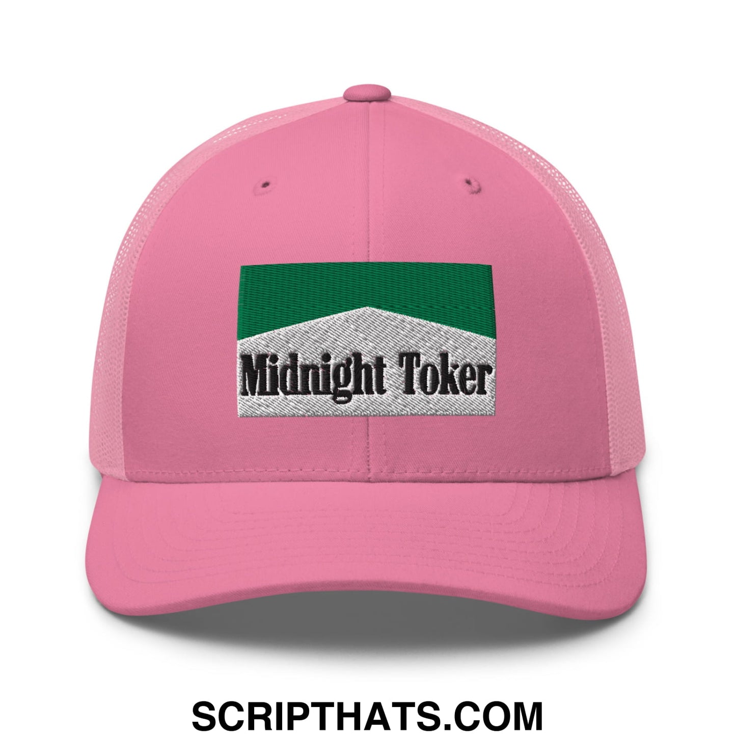 Midnight Toker Cigarette Menthol Green Embroidered Mesh Trucker Hat Pink