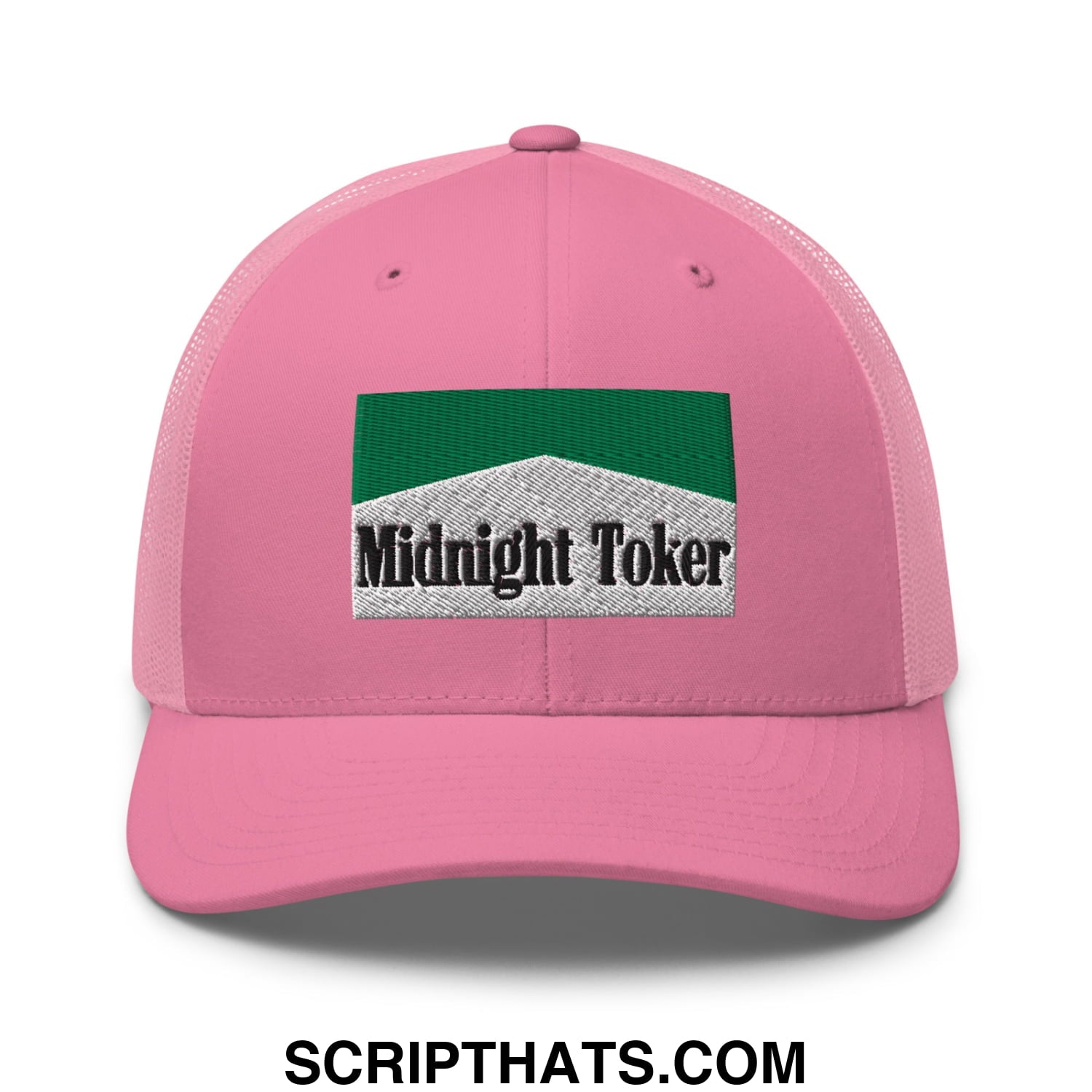 Midnight Toker Cigarette Menthol Green Embroidered Mesh Trucker Hat Pink