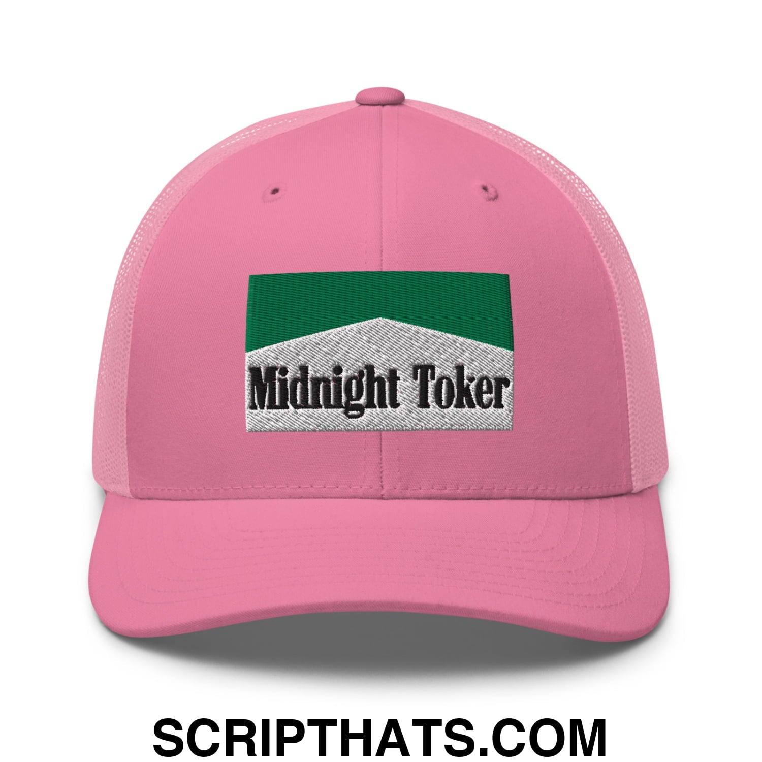 Midnight Toker Cigarette Menthol Green Embroidered Mesh Trucker Hat Pink