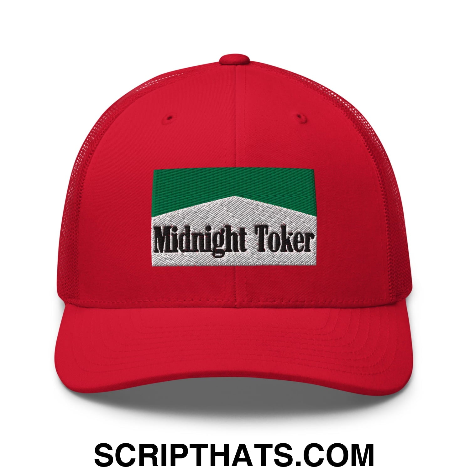 Midnight Toker Cigarette Menthol Green Embroidered Mesh Trucker Hat Red
