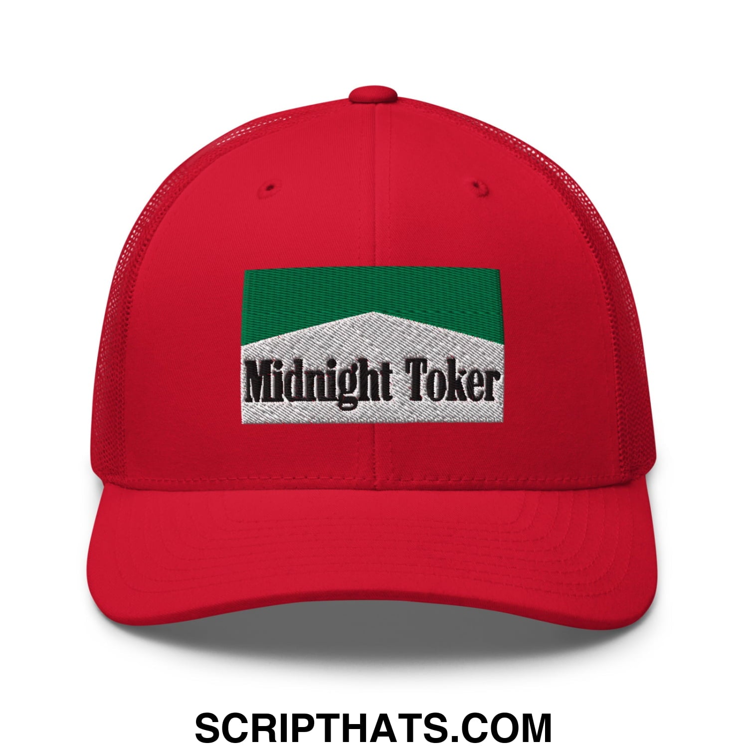 Midnight Toker Cigarette Menthol Green Embroidered Mesh Trucker Hat Red