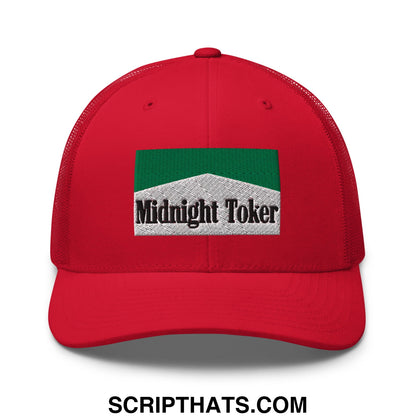 Midnight Toker Cigarette Menthol Green Embroidered Mesh Trucker Hat Red