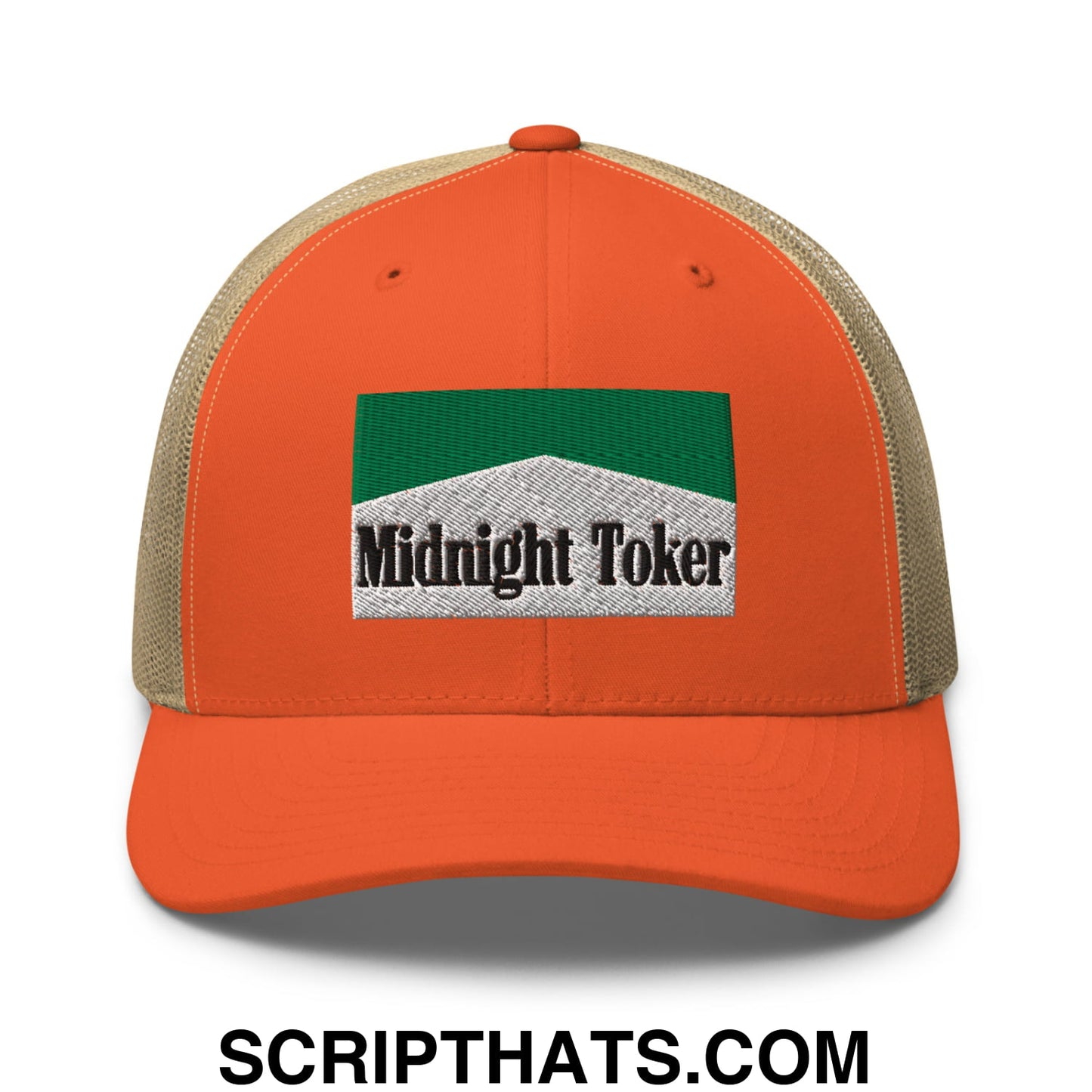 Midnight Toker Cigarette Menthol Green Embroidered Mesh Trucker Hat Rustic Orange Khaki