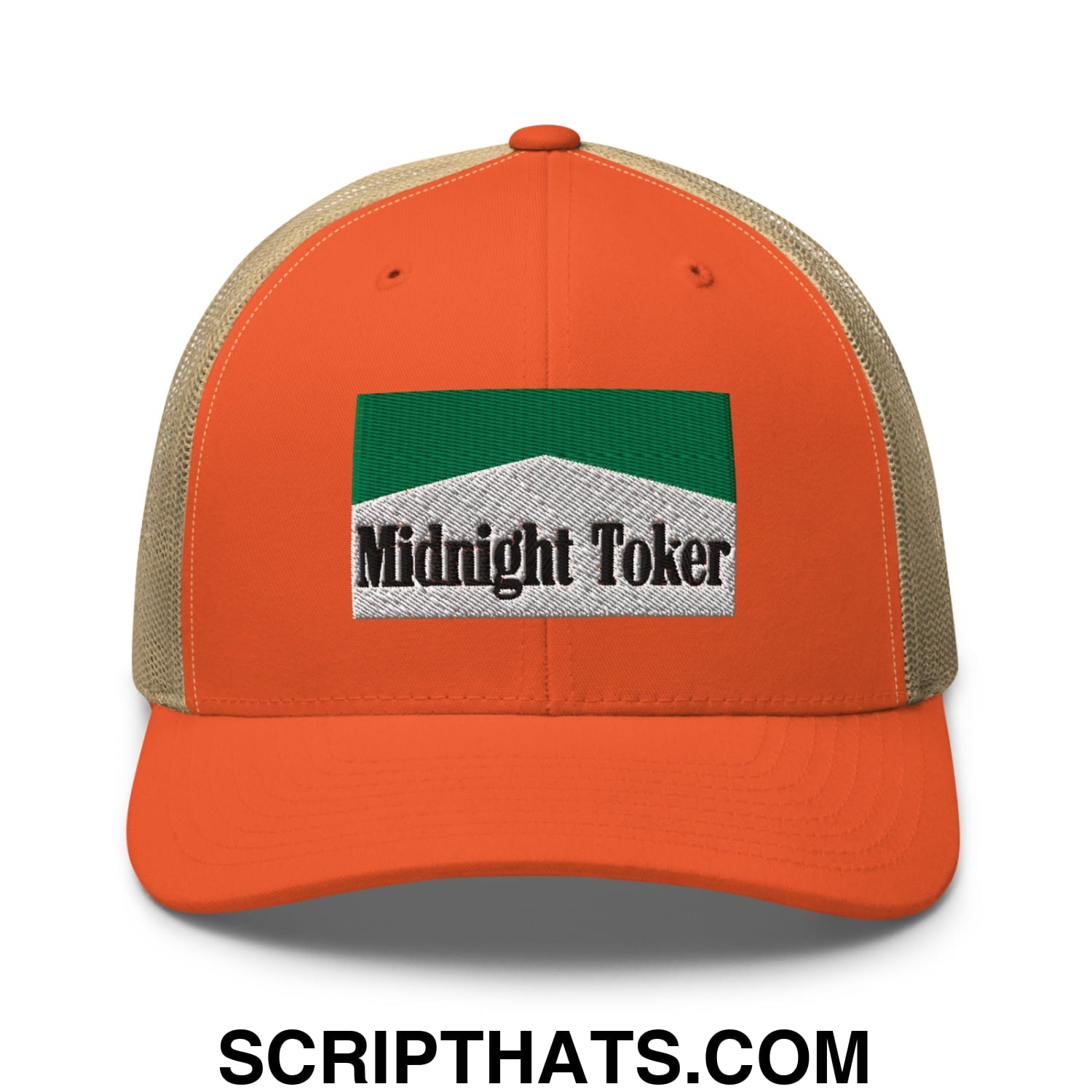 Midnight Toker Cigarette Menthol Green Embroidered Mesh Trucker Hat Rustic Orange Khaki