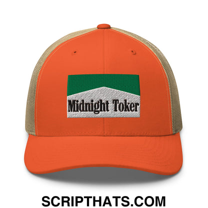 Midnight Toker Cigarette Menthol Green Embroidered Mesh Trucker Hat Rustic Orange Khaki