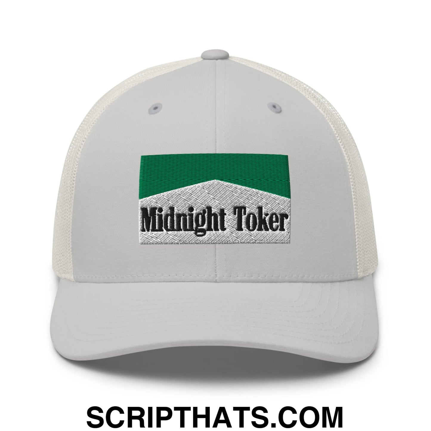 Midnight Toker Cigarette Menthol Green Embroidered Mesh Trucker Hat Silver