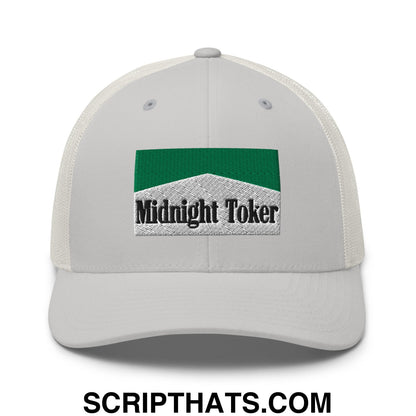 Midnight Toker Cigarette Menthol Green Embroidered Mesh Trucker Hat Silver