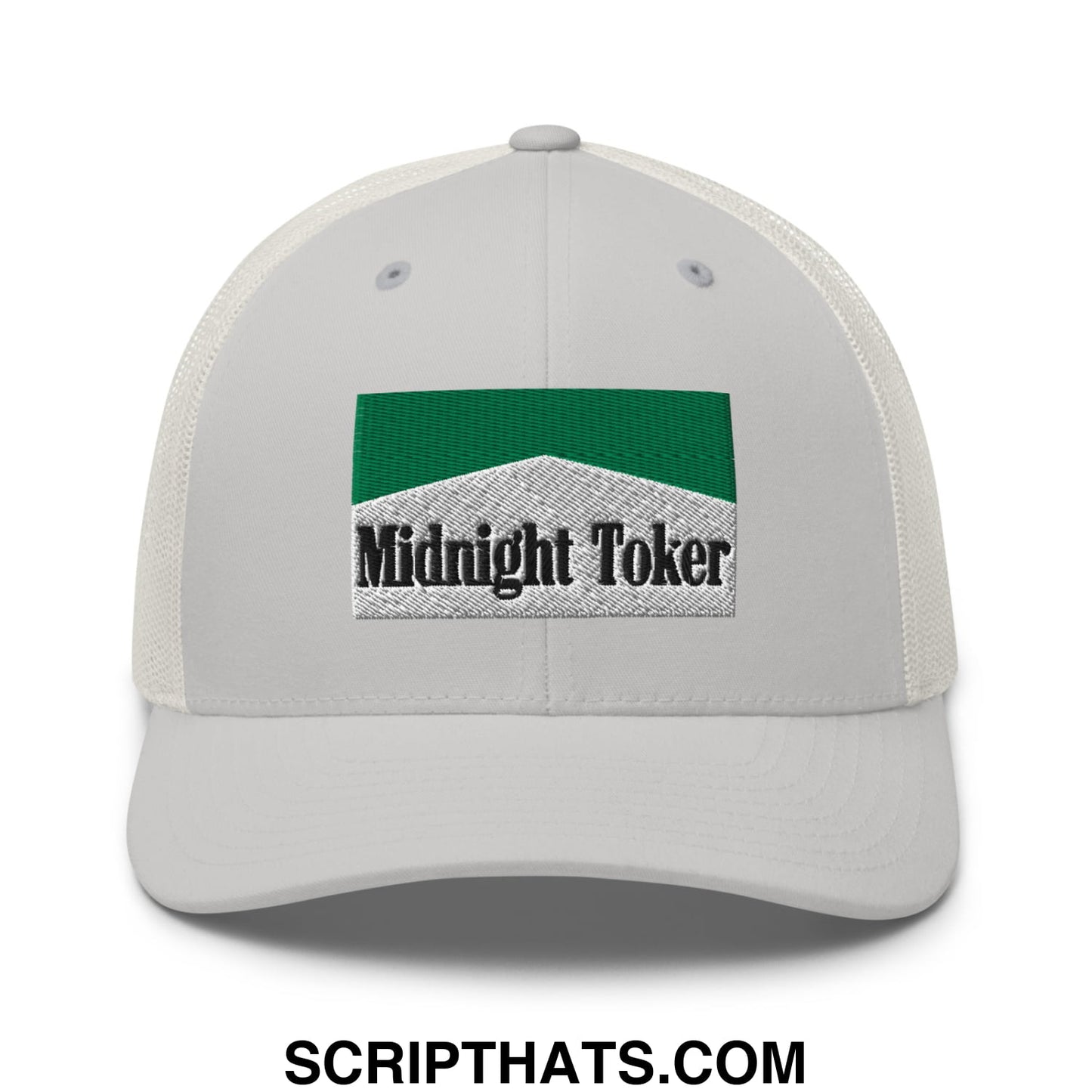 Midnight Toker Cigarette Menthol Green Embroidered Mesh Trucker Hat Silver