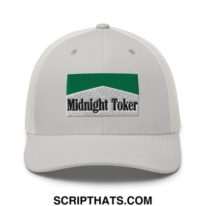 Midnight Toker Cigarette Menthol Green Embroidered Mesh Trucker Hat Silver