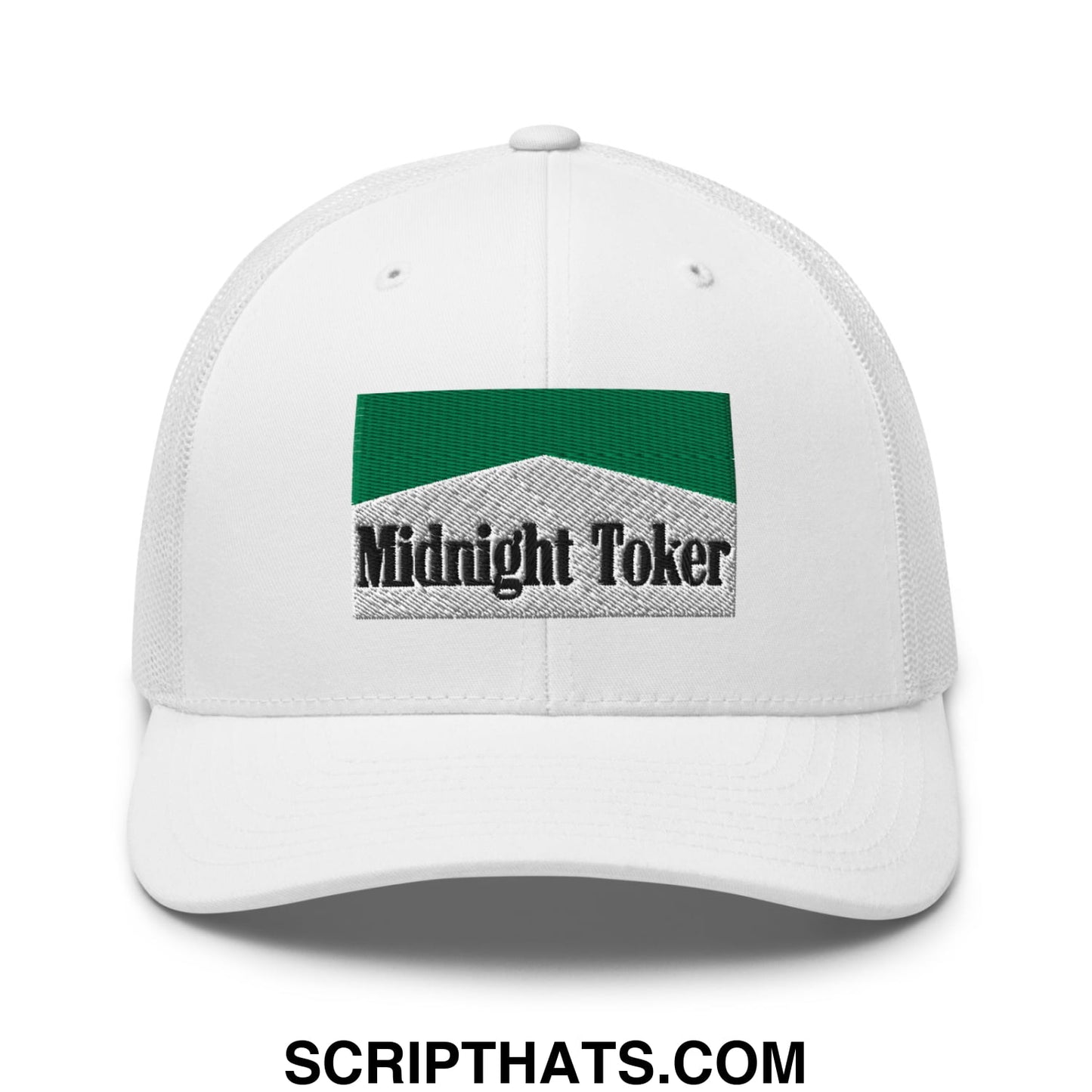 Midnight Toker Cigarette Menthol Green Embroidered Mesh Trucker Hat White