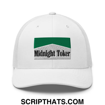 Midnight Toker Cigarette Menthol Green Embroidered Mesh Trucker Hat White