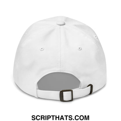 White unstructured dad hat with midnight toker cigarette menthol green embroidery and black plastic buckle back view