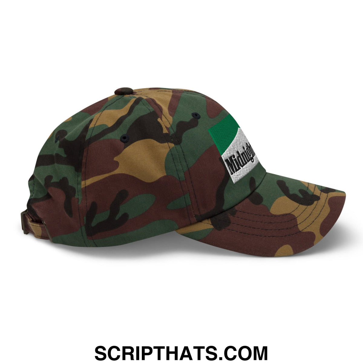 Camouflage-patterned unstructured dad hat with green white and black flag patch embroidered for menthol cigarette fans