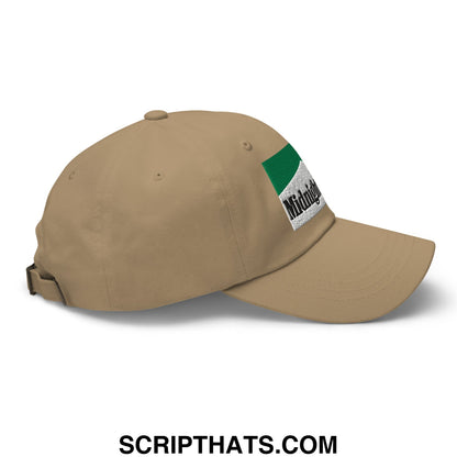 Beige unstructured dad hat with green and white embroidered midnight patch in black script for casual wear