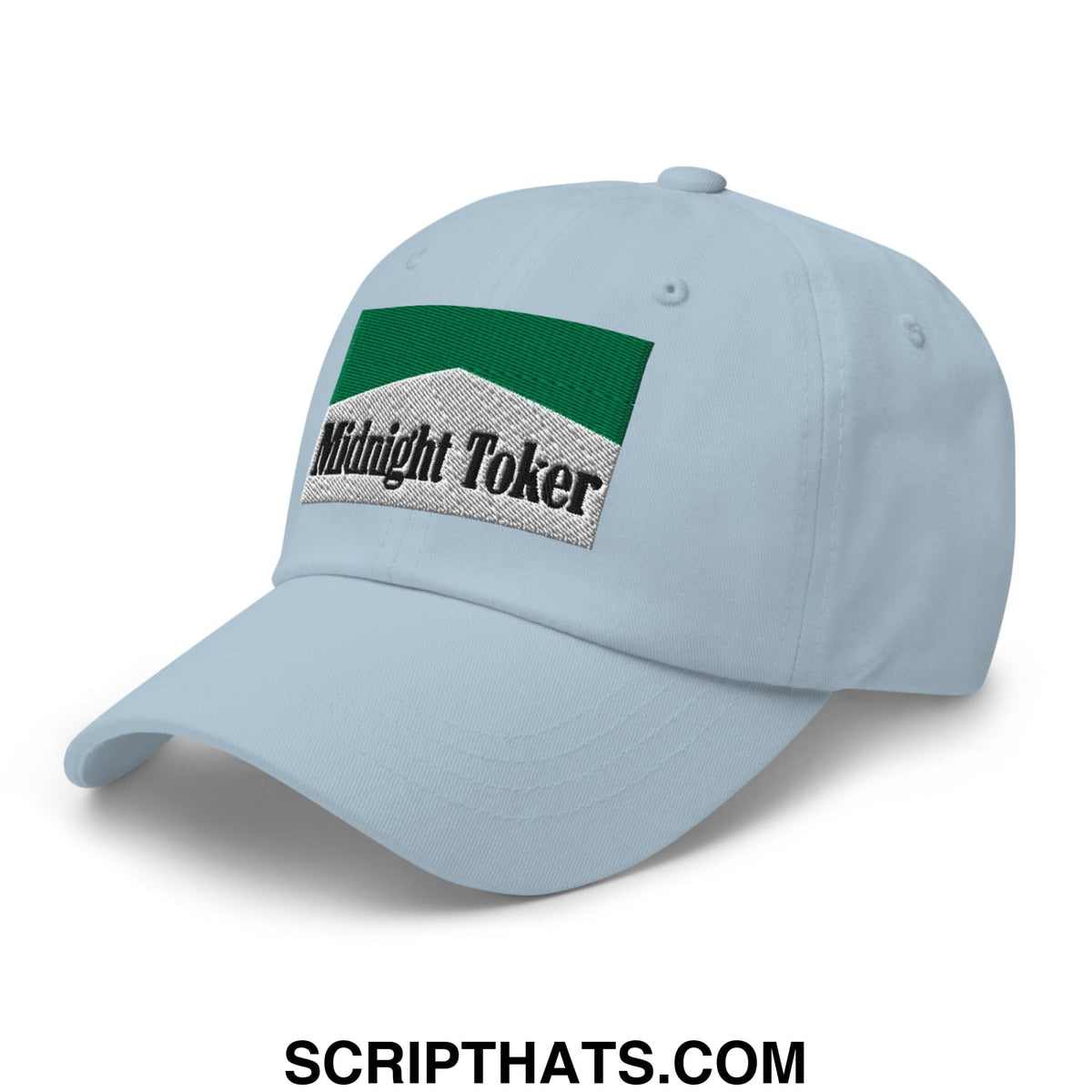 Light blue unstructured dad hat with green and silver embroidered midnight toker patch for cigarette menthol fans