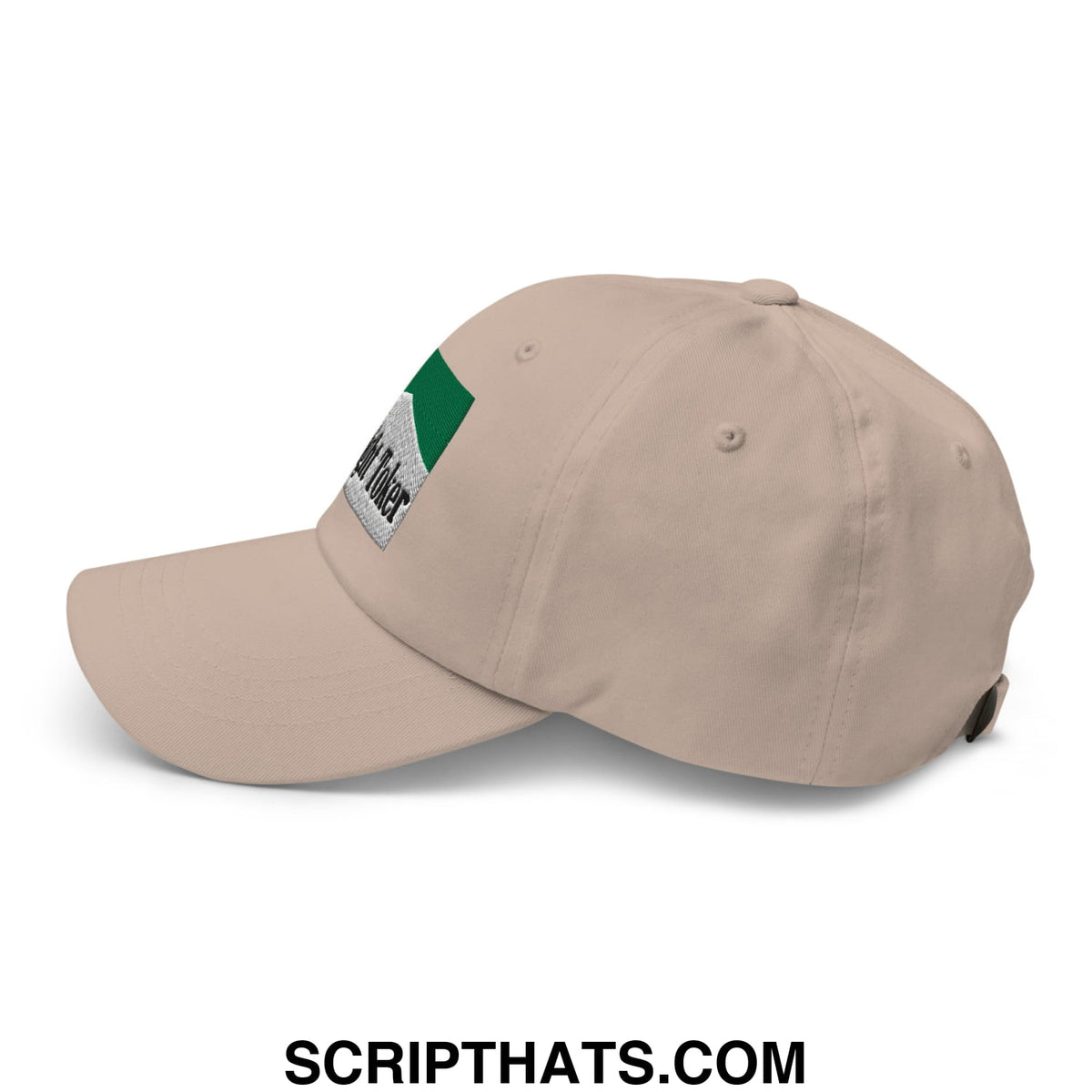 Beige unstructured dad hat with green and silver embroidered patch featuring midnight toker cigarette menthol design