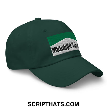 Dark green unstructured dad hat featuring an embroidered midnight token logo with white and green striped design