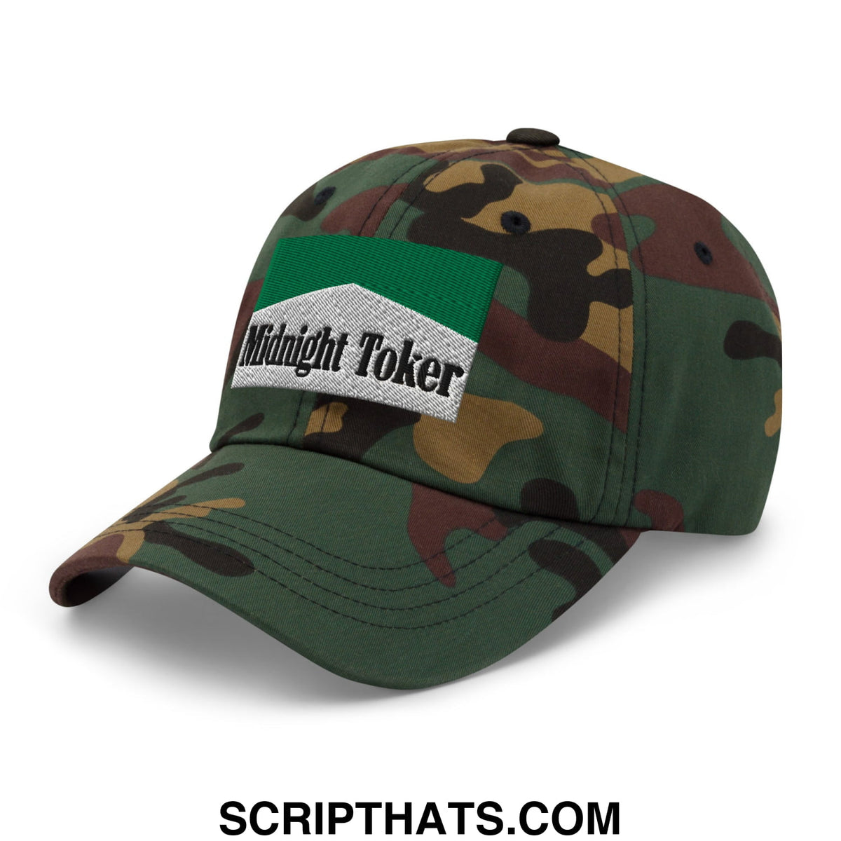 Camouflage baseball cap with green and white embroidered midnight toker patch in an unstructured dad hat style