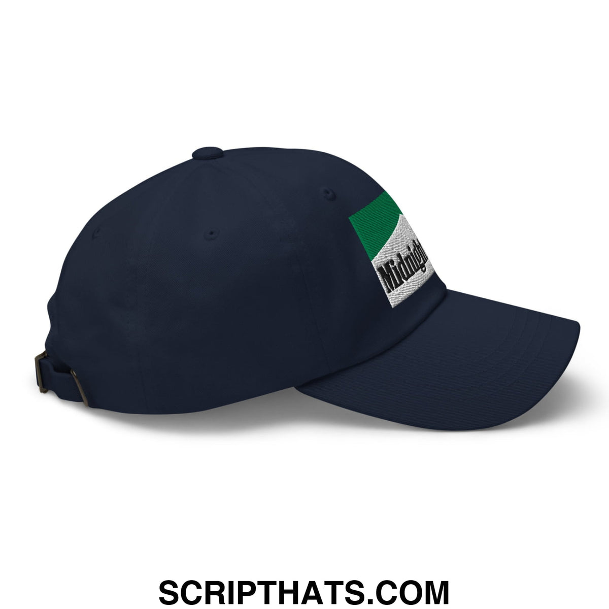 Navy blue unstructured dad hat with green and white embroidered patch featuring midnight in black lettering