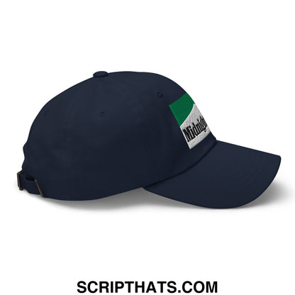 Navy blue unstructured dad hat with green and white embroidered patch featuring midnight in black lettering