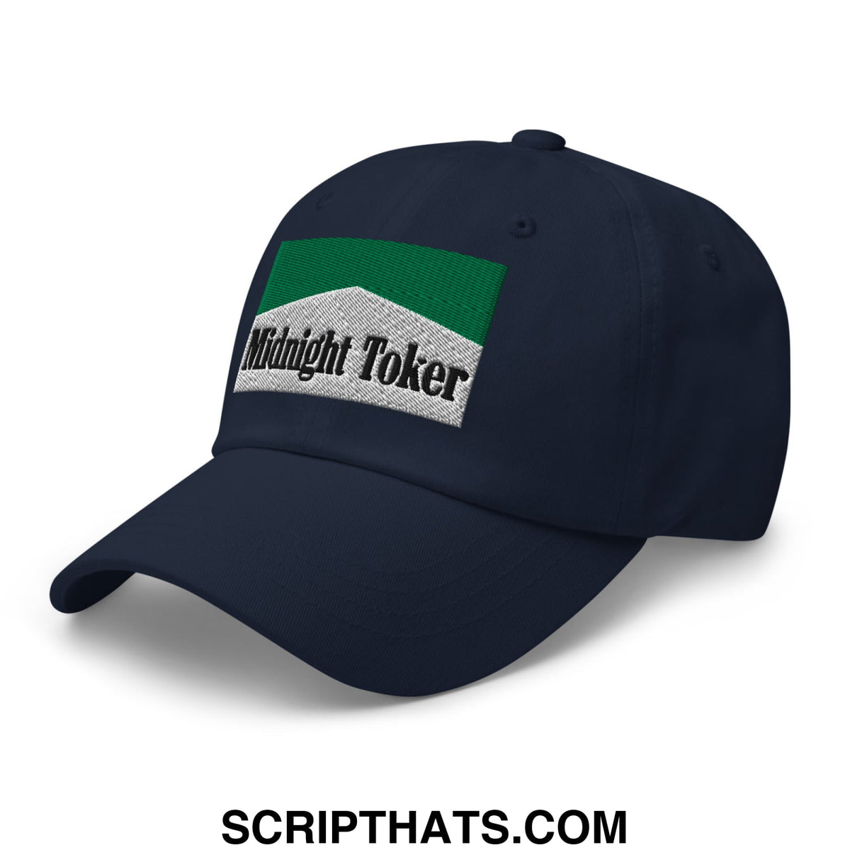 Navy blue unstructured dad hat with green and silver embroidered midnight toker patch for cigarette menthol fans