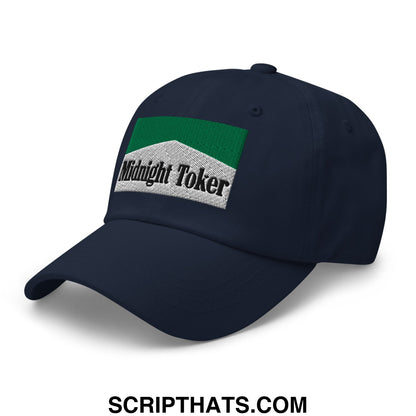 Navy blue unstructured dad hat with green and silver embroidered midnight toker patch for cigarette menthol fans