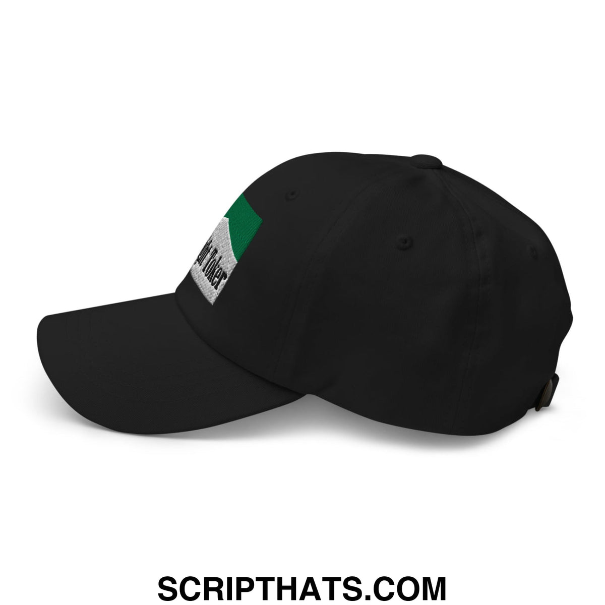 Black unstructured dad hat with green and white embroidered said toler patch side detail for menthol cigarette fans