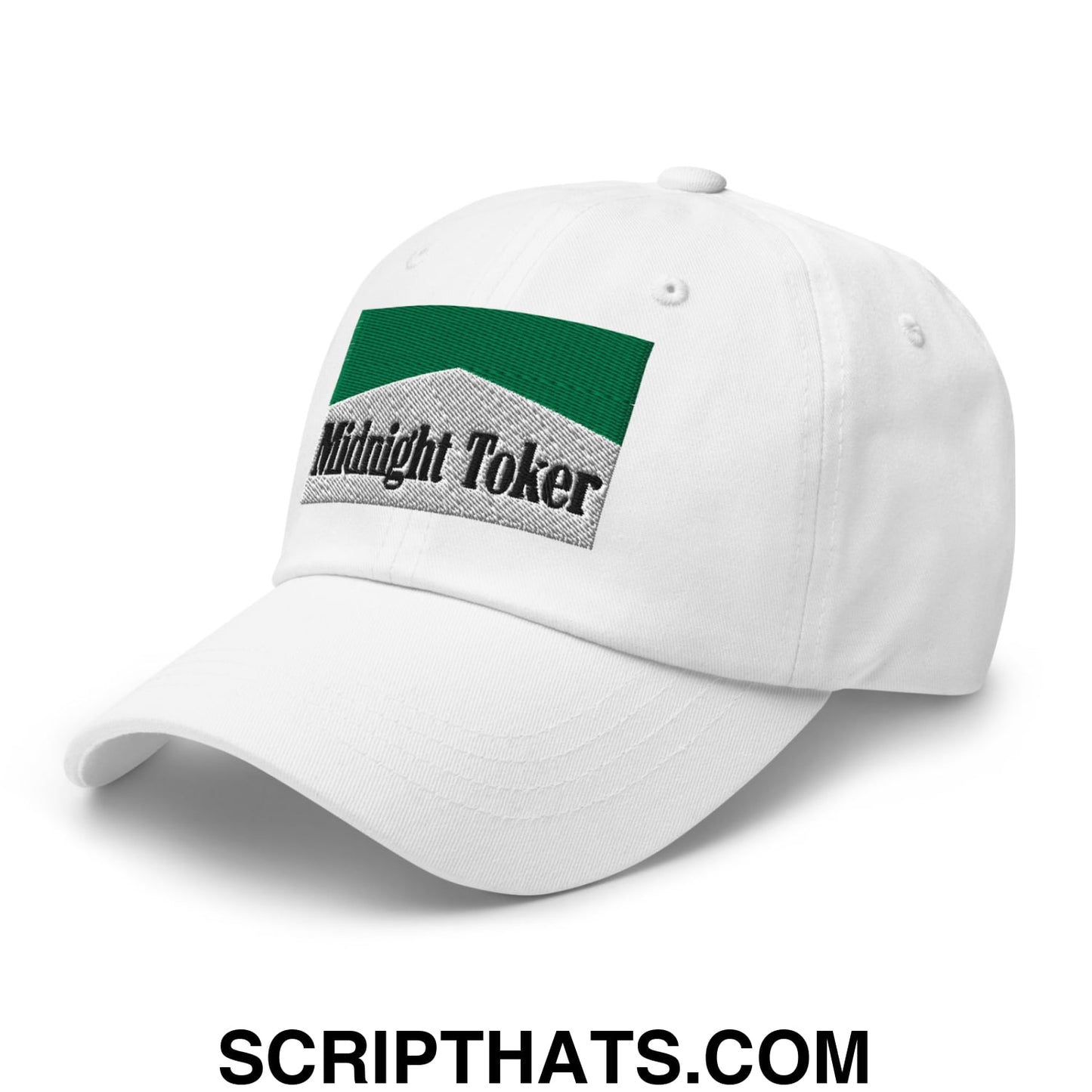Midnight Toker Cigarette Menthol Green Embroidered Unstructured Dad Hat White