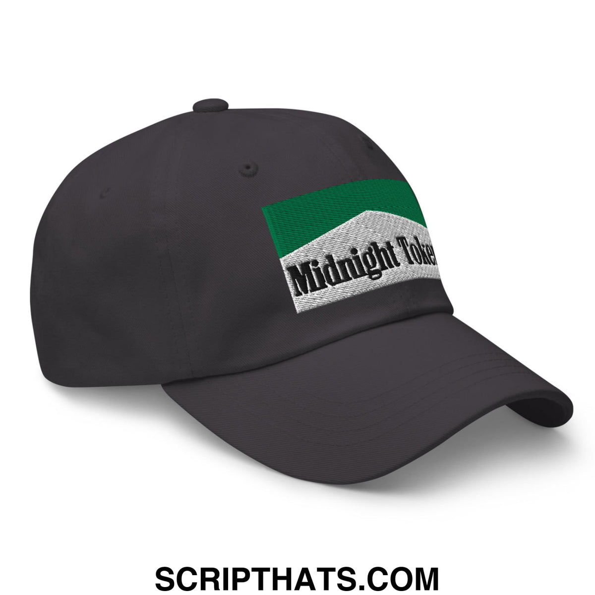 Dark gray unstructured dad hat with green and white textured midnight token embroidered logo for casual wear