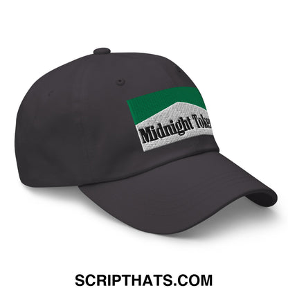 Dark gray unstructured dad hat with green and white textured midnight token embroidered logo for casual wear