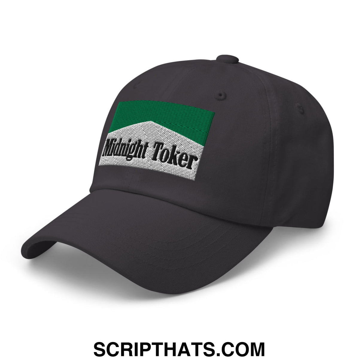 Black unstructured dad hat with green and silver embroidered midnight toker patch for cigarette menthol users