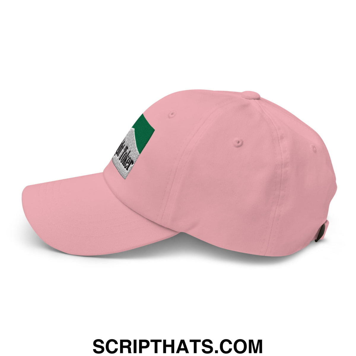 Pink unstructured dad hat with green and silver menthol cigarette patch and black text midnight toker design