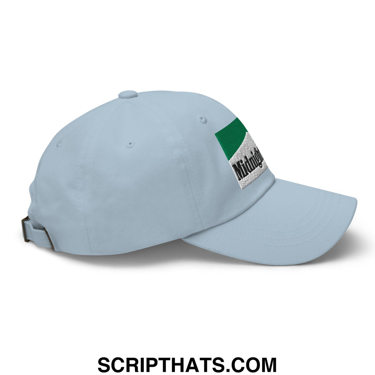 Light blue cotton dad hat with green and white menthol embroidered patch reading midnight in black script