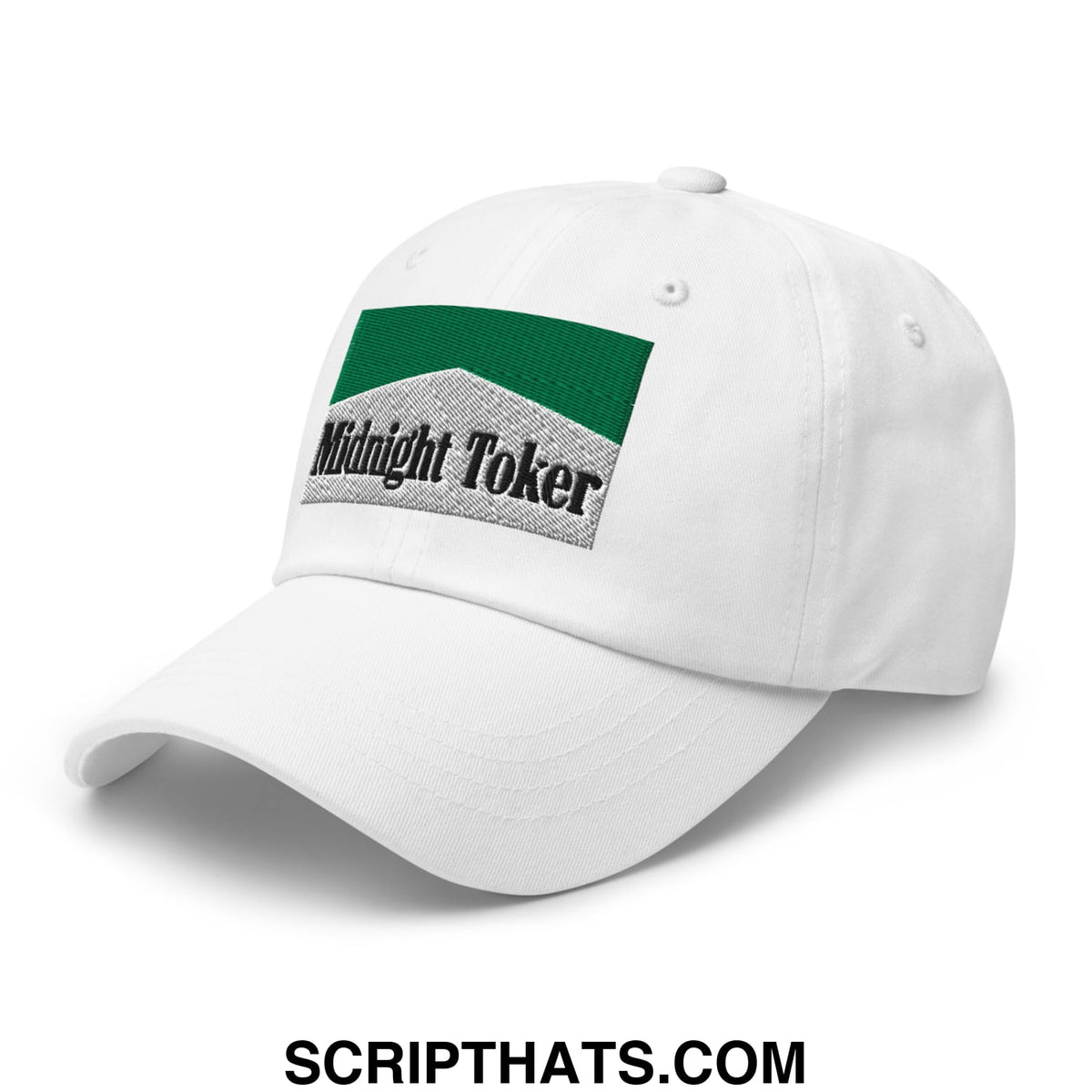 White unstructured dad hat with green and gray embroidered midnight toker patch in cigarette menthol style