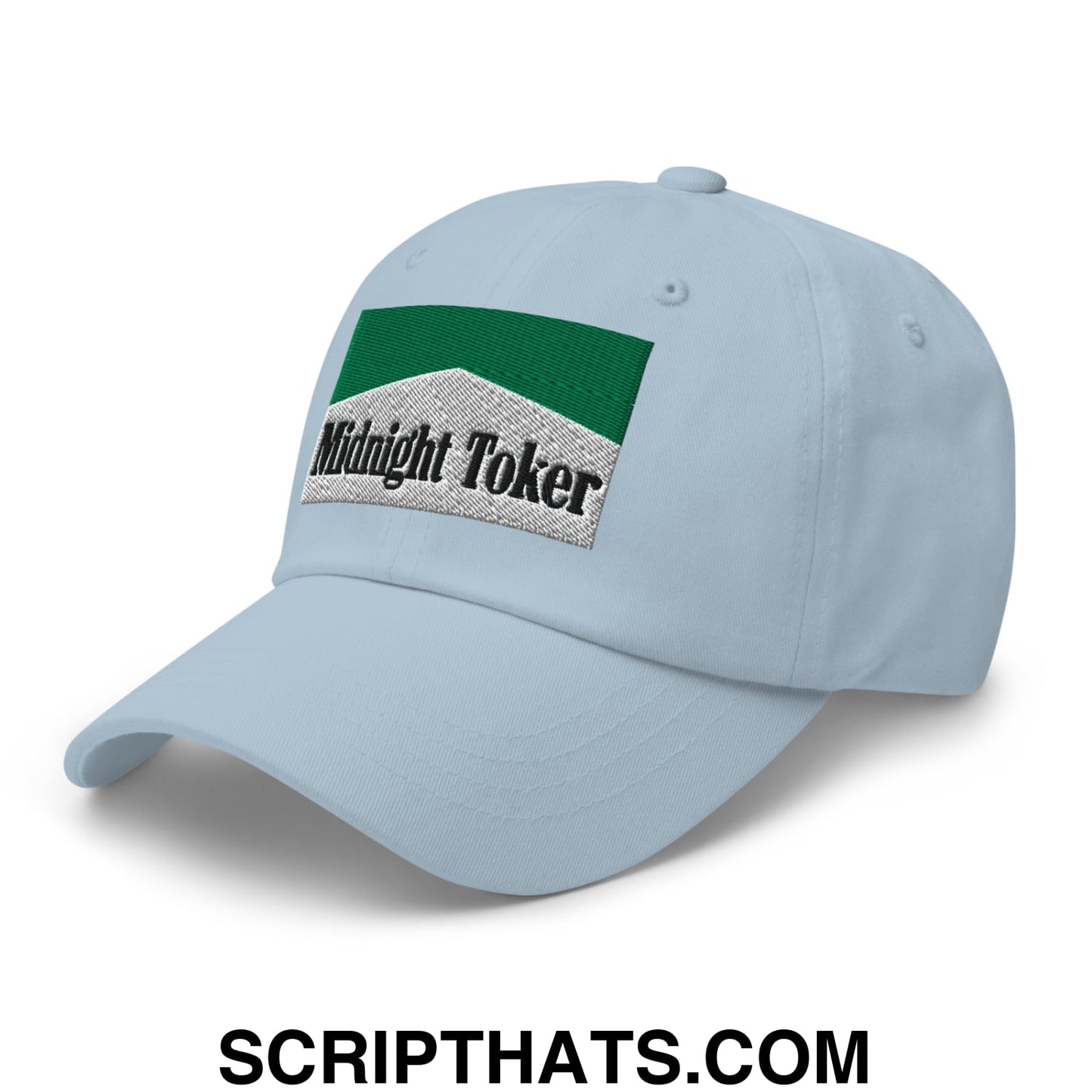 Midnight Toker Cigarette Menthol Green Embroidered Unstructured Dad Hat Light Blue