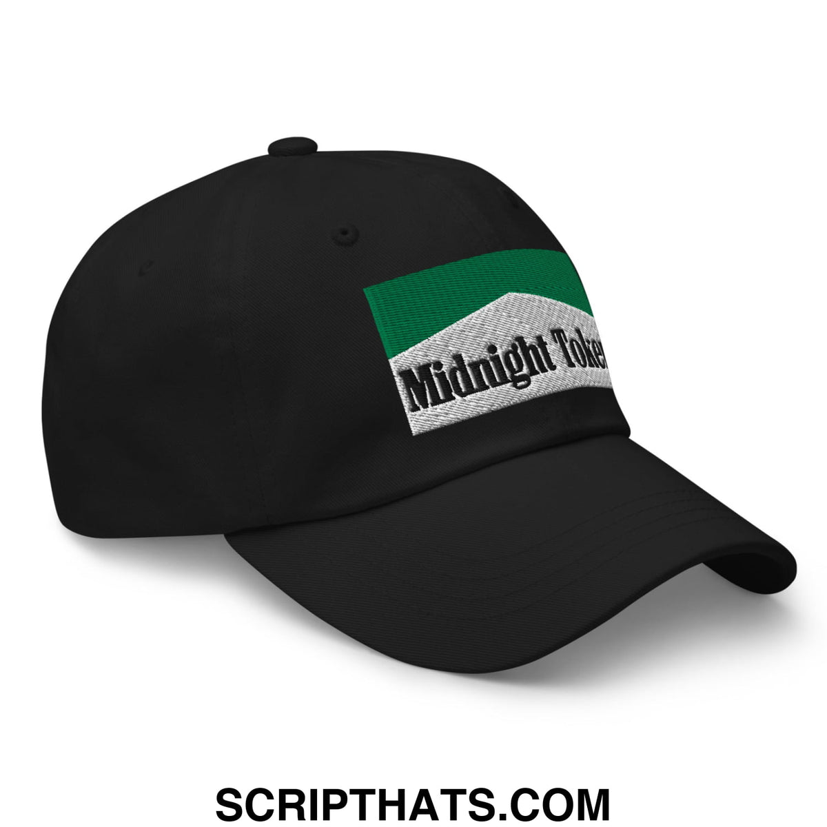 Black unstructured dad hat with green and white embroidered patch reading midnight token for casual wear